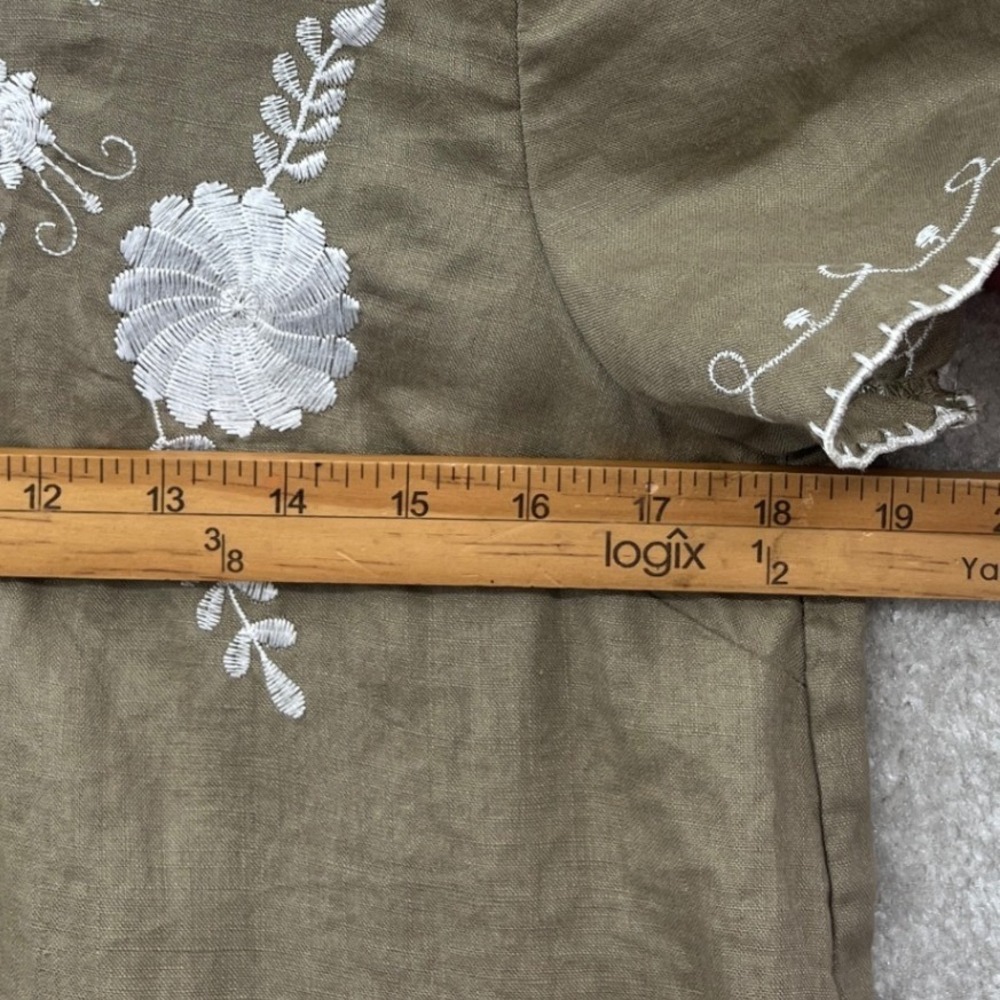 Zara Woman Linen Embroidered Mini Dress Womens M Olive‎ Green Floral Scalloped - Picture 6 of 9